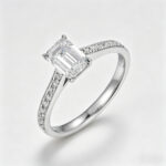 14K Gold Emerald Cut Lab Diamond Solitaire Ring with Pave Set Side Stones