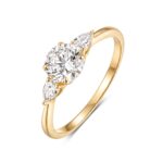 14K Solid Yellow Gold Three Stone Engagement Ring, Round & Pear Cut Lab Grown Diamond Promise Ring for Women